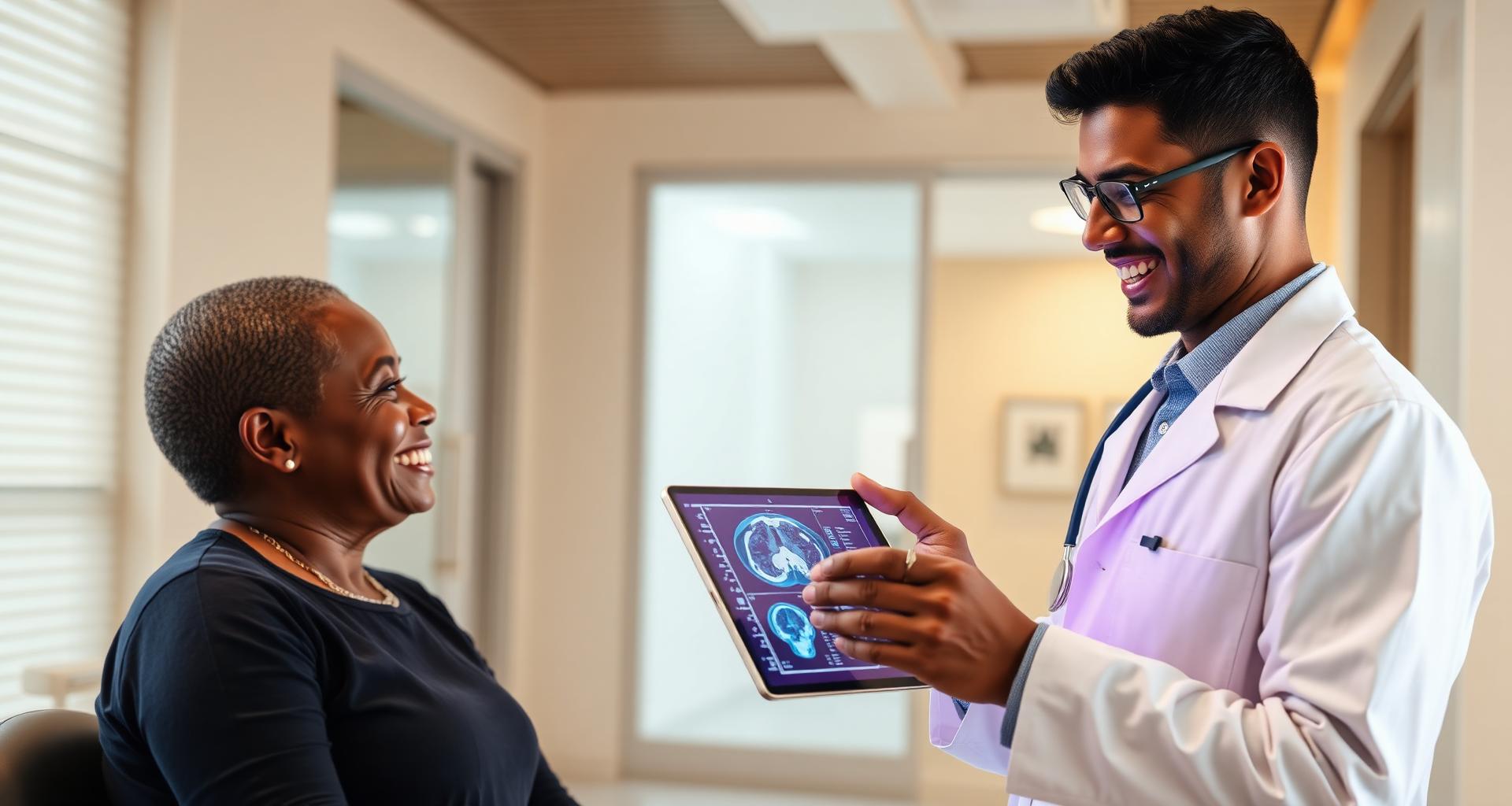 Neurosurgeon reviewing MRI scan with patient